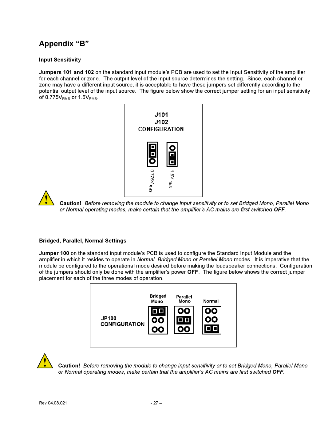 Carver CV Series user manual Input Sensitivity, Bridged, Parallel, Normal Settings, JP100 