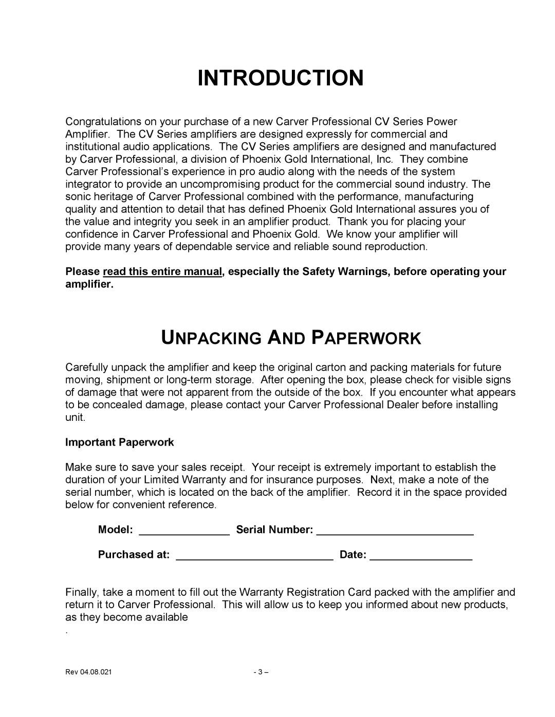 Carver CV Series user manual Introduction, Important Paperwork 