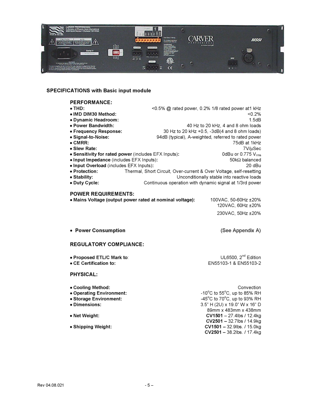 Carver CV Series user manual Specifications with Basic input module, Power Consumption 