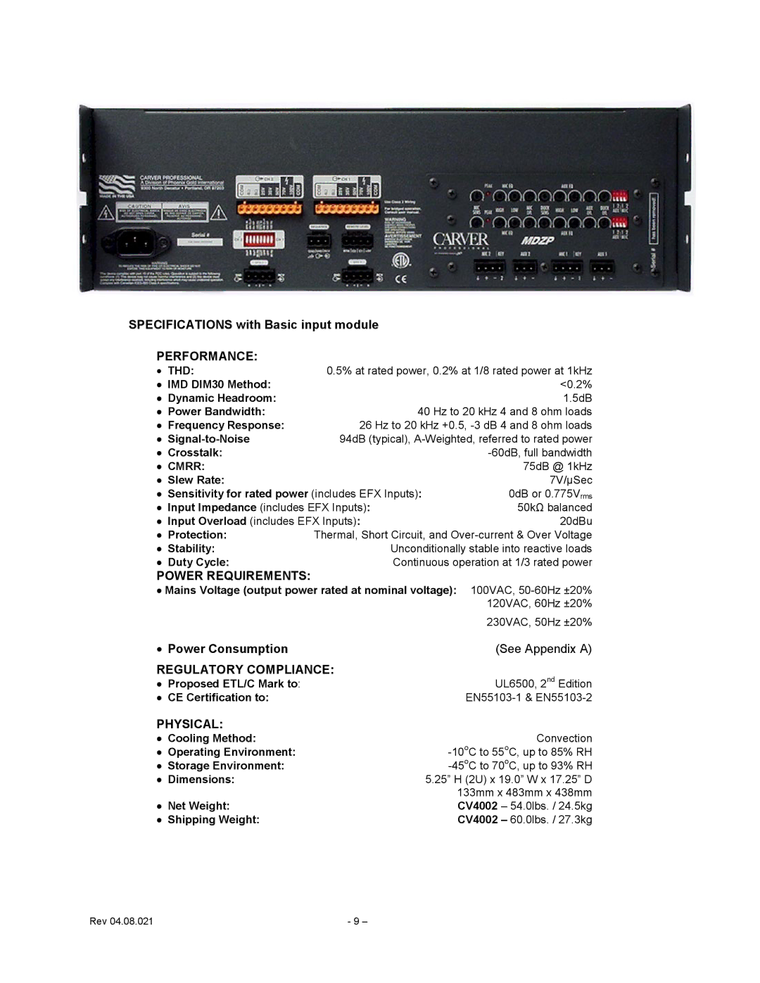 Carver CV Series user manual Hz to 20 kHz 4 and 8 ohm loads 