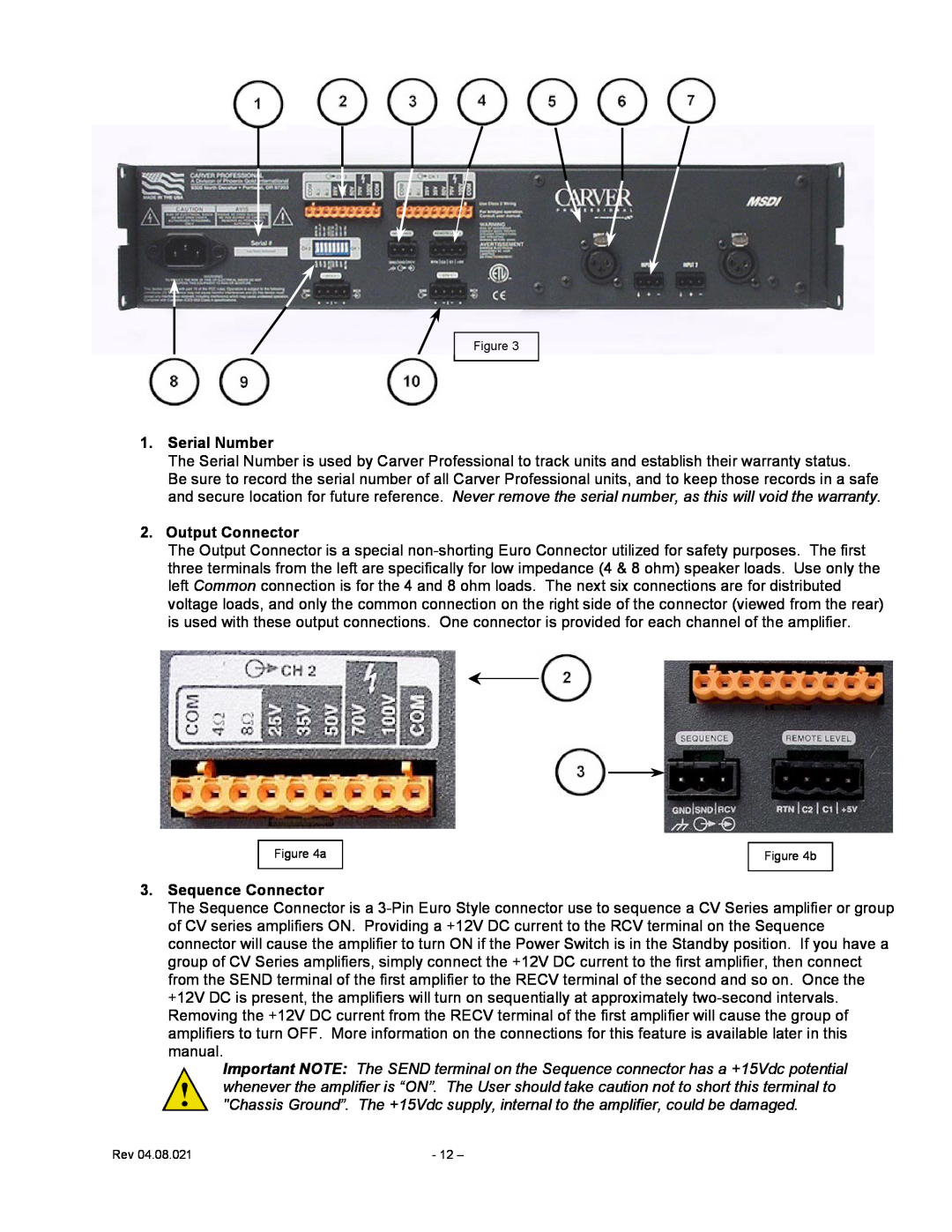 Carver CV Series user manual Serial Number, Output Connector, Sequence Connector 