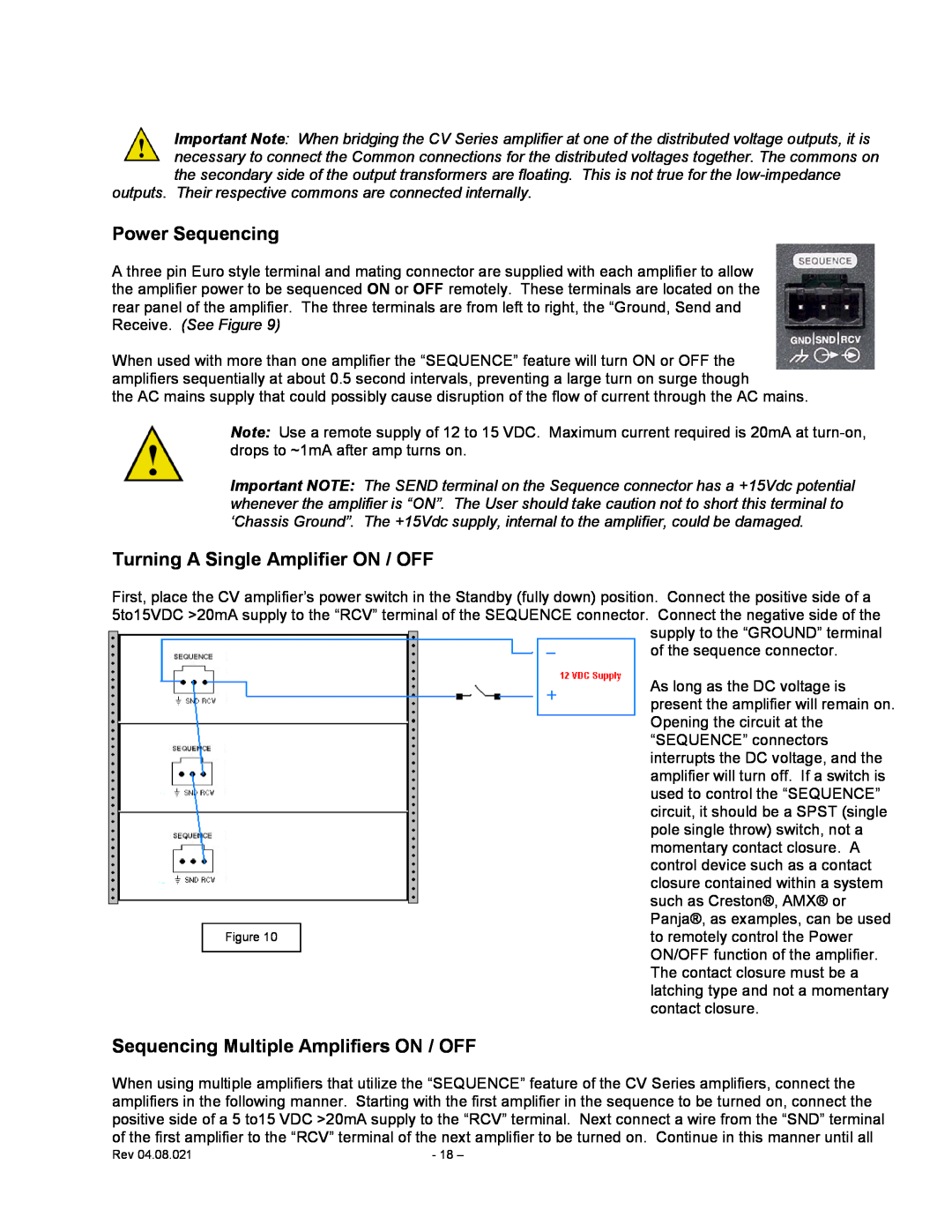 Carver CV Series user manual Power Sequencing, Turning A Single Amplifier ON / OFF, Sequencing Multiple Amplifiers ON / OFF 