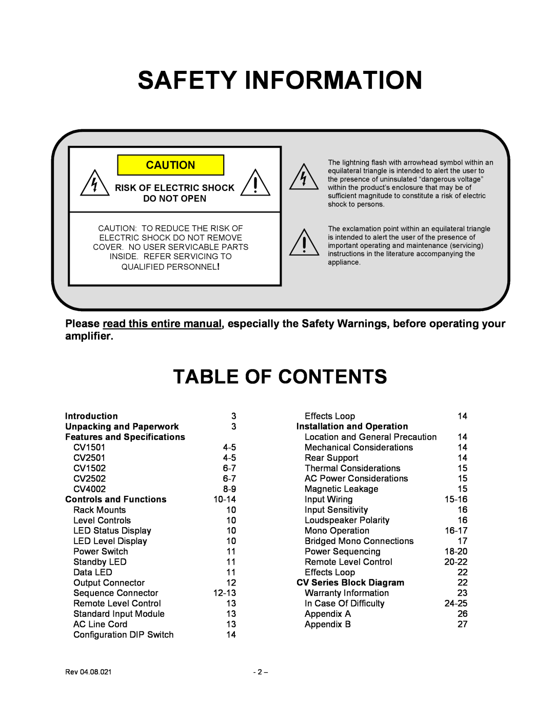 Carver CV Series user manual Table Of Contents, Safety Information, Risk Of Electric Shock, Do Not Open, Introduction 