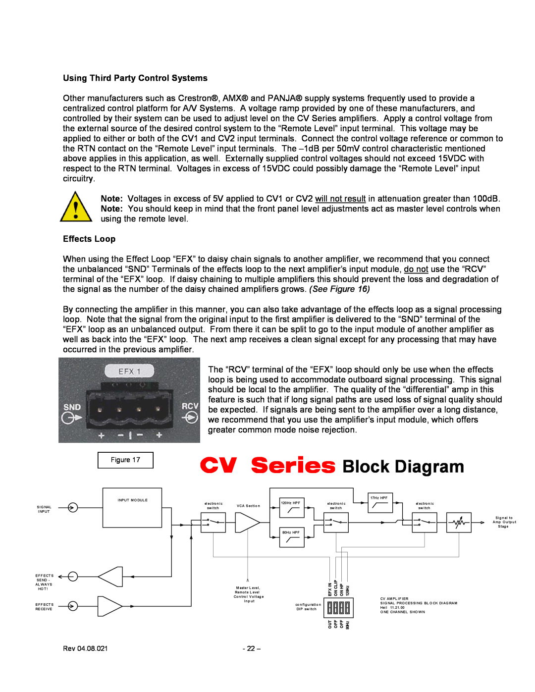Carver user manual CV Series Block Diagram, Using Third Party Control Systems, Effects Loop 
