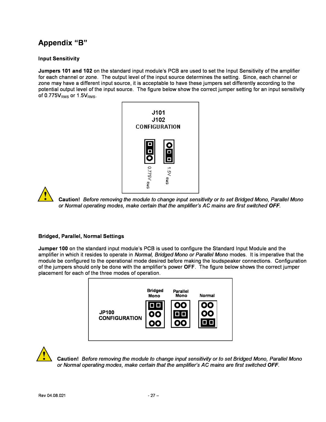 Carver CV Series user manual Appendix “B”, Input Sensitivity, Bridged, Parallel, Normal Settings, JP100 CONFIGURATION 