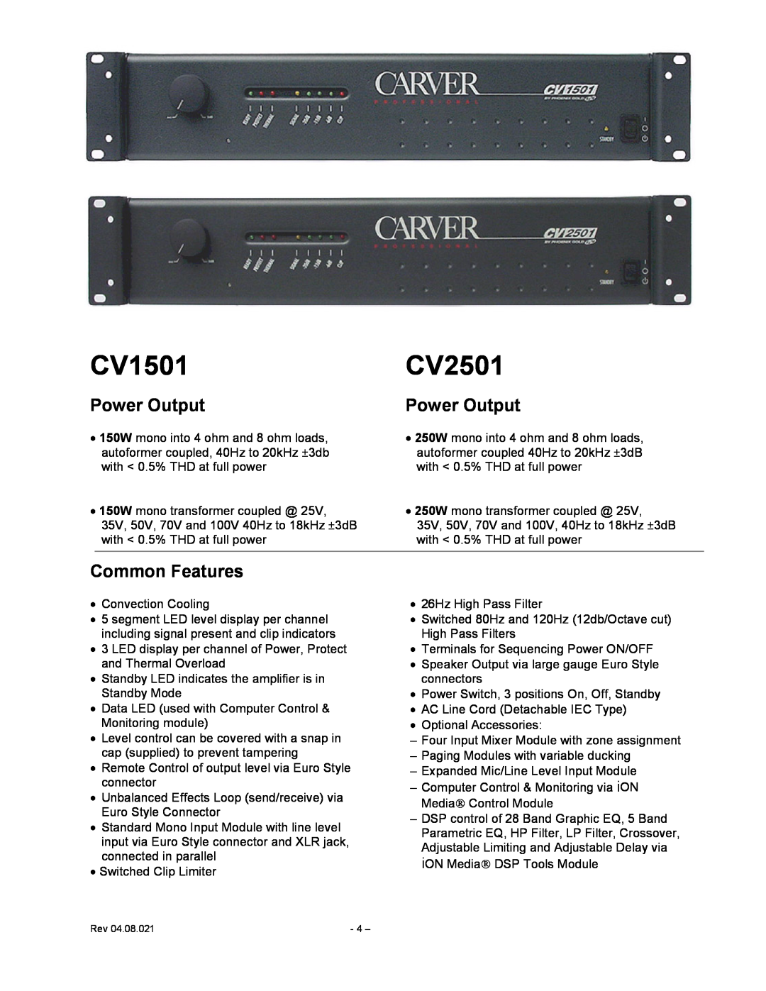 Carver CV Series user manual CV1501, CV2501, Power Output, Common Features 