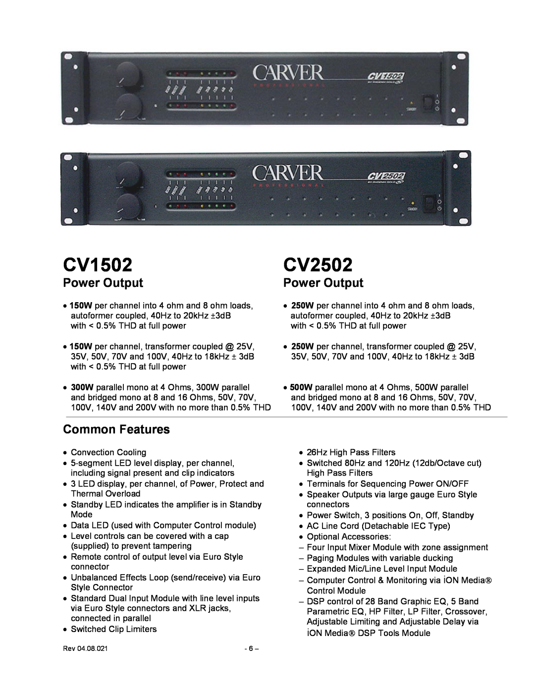 Carver CV Series user manual CV1502, CV2502, Power Output, Common Features 