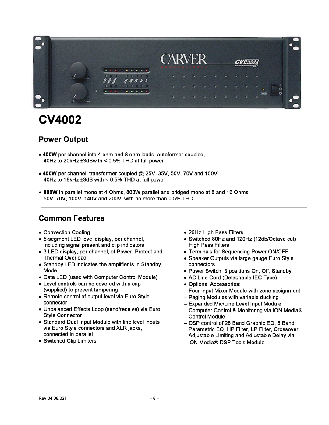 Carver CV Series user manual CV4002, Power Output, Common Features 