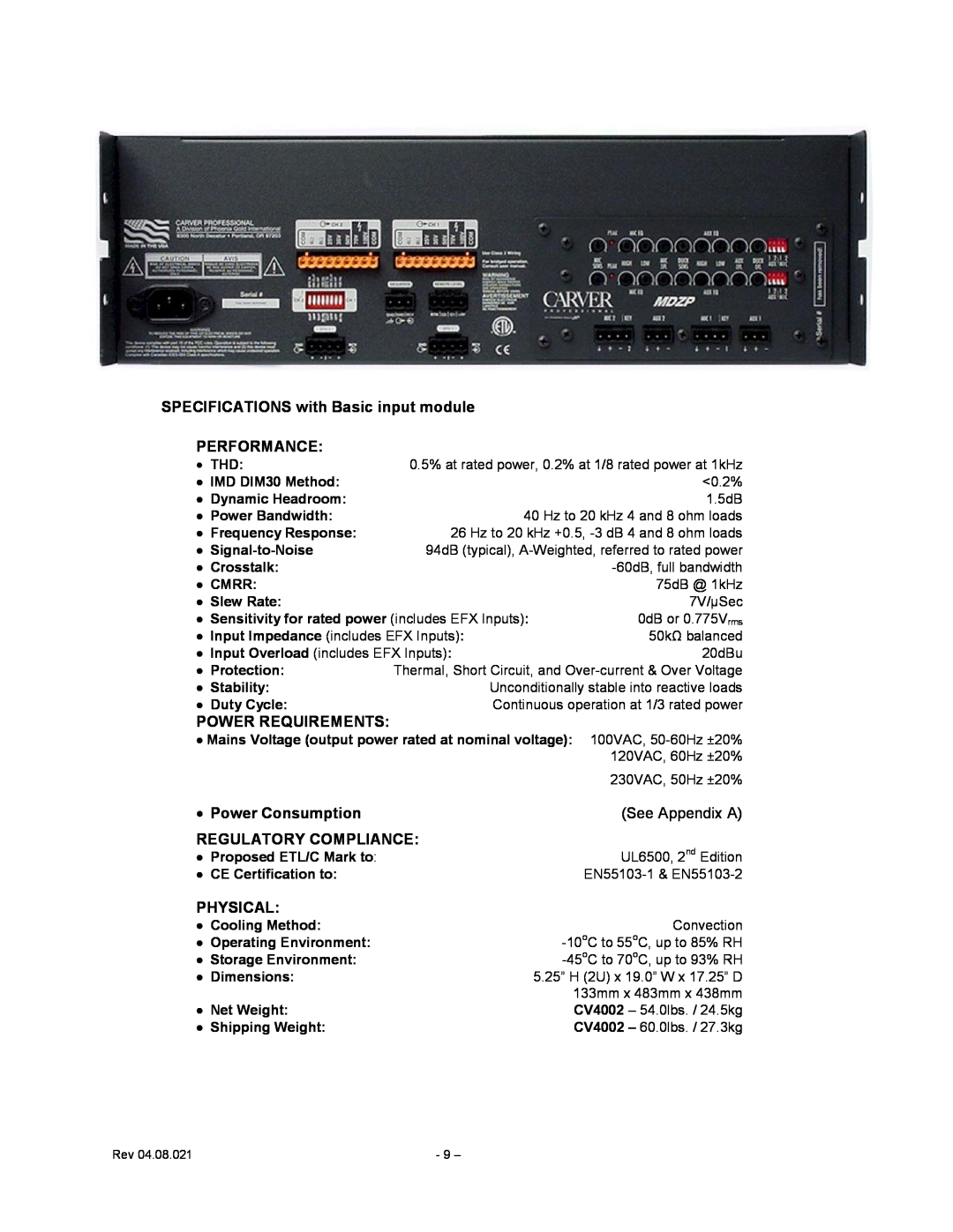 Carver CV Series SPECIFICATIONS with Basic input module, Performance, Power Requirements, Power Consumption, Physical 