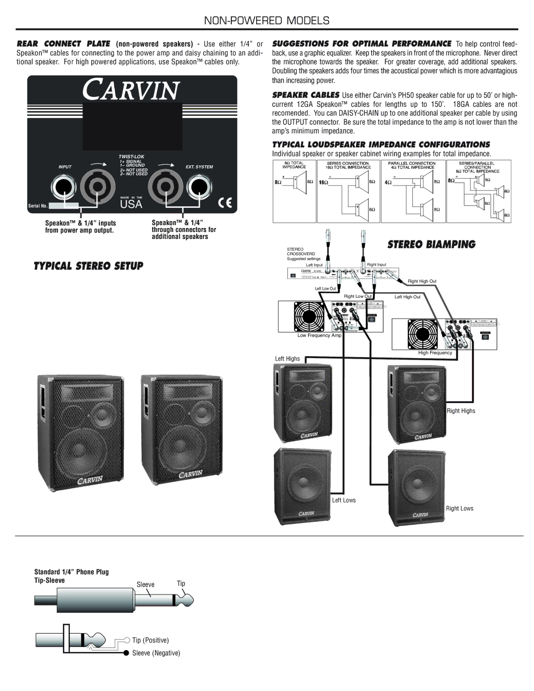 Carvin 1542 manual Typical Loudspeaker Impedance Configurations, Speakon & 1/4 inputs, From power amp output 