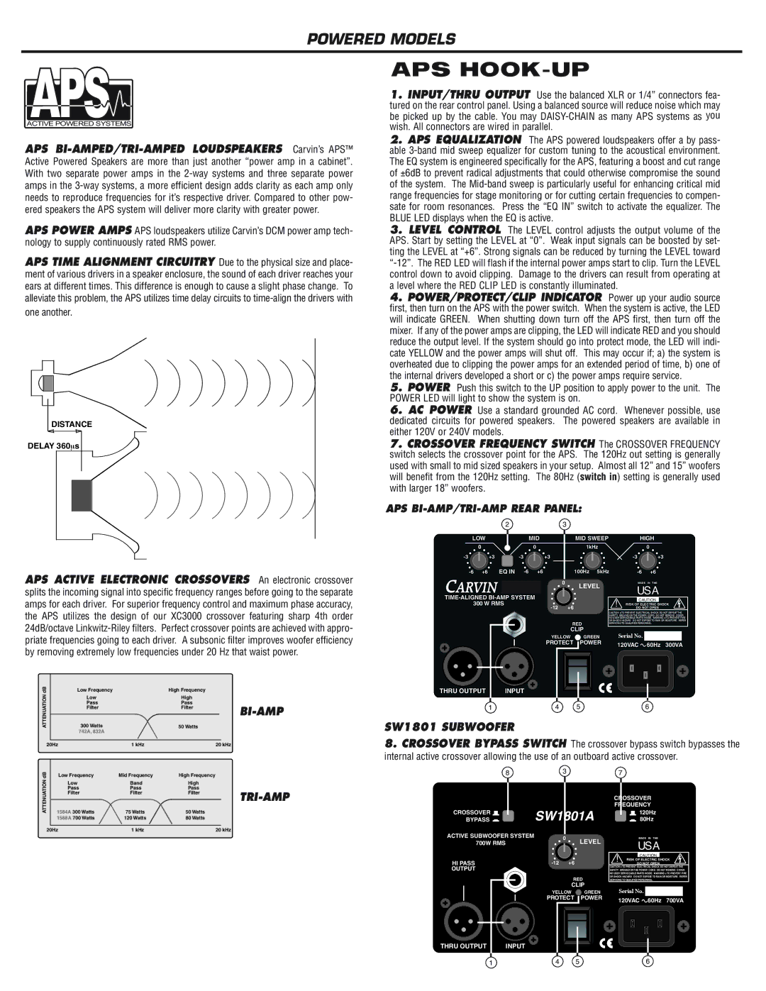 Carvin 1542 manual Bi-Amp, SW1801 Subwoofer, Tri-Amp, APS BI-AMP/TRI-AMP Rear Panel, Delay 360∝s 