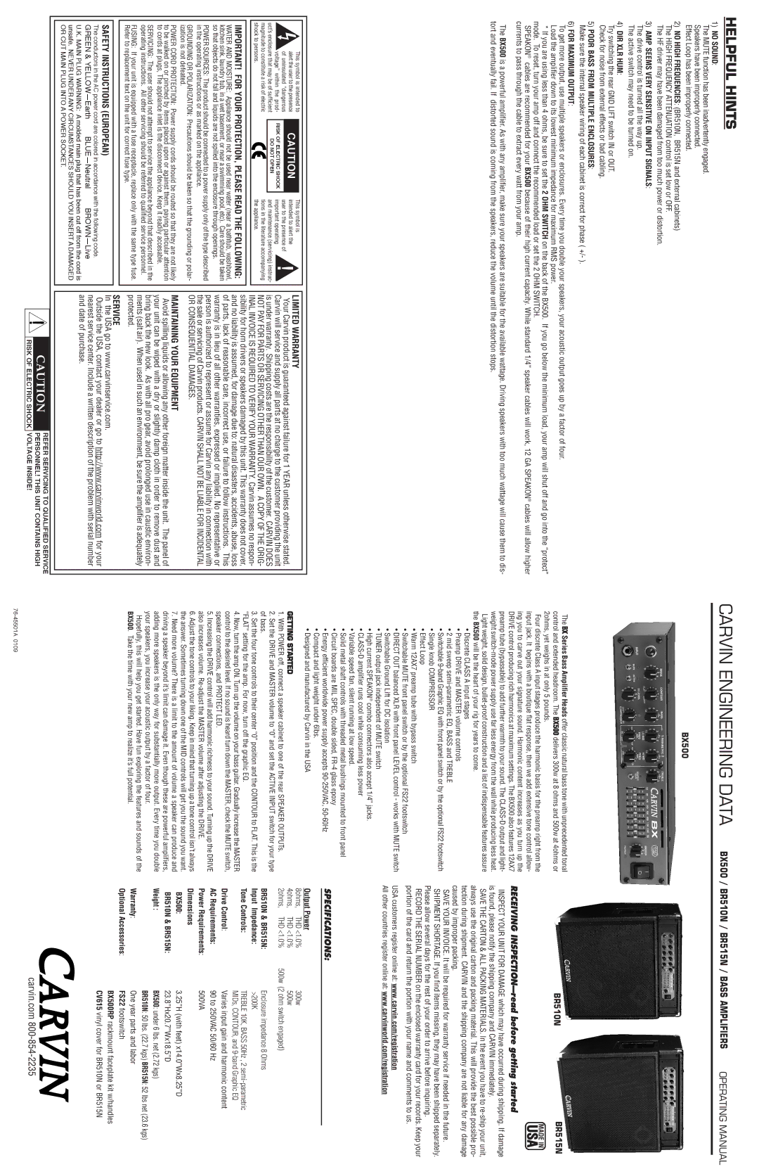 Carvin BX500 manual Helpful Hints 