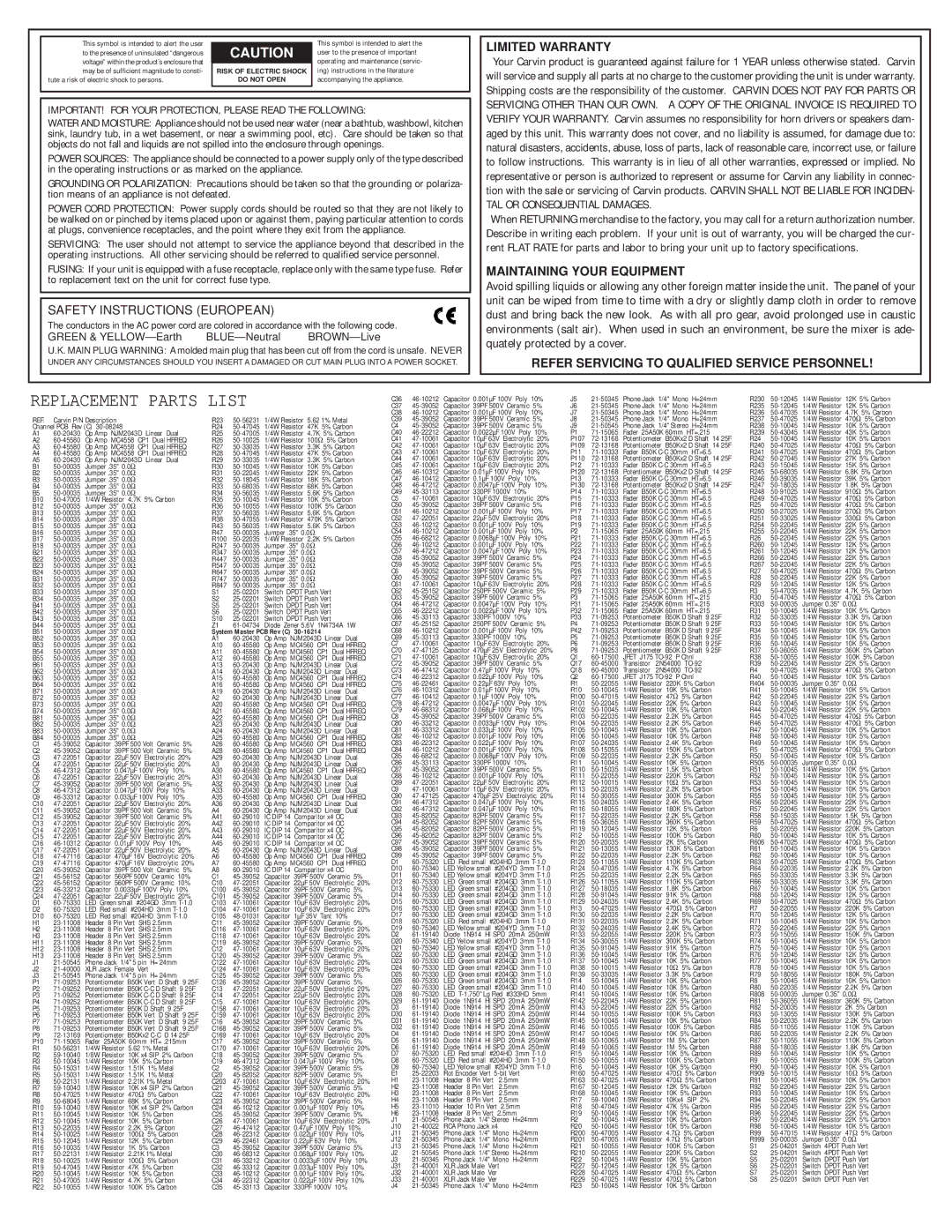 Carvin C1600 manual Safety Instructions European, TAL or Consequential Damages 