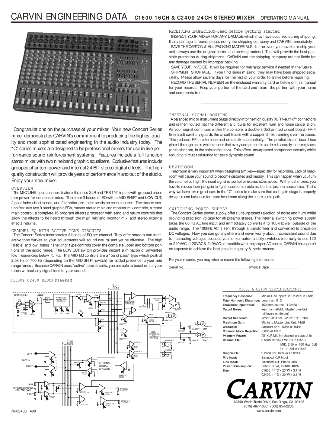 Carvin C1600 Overview, Channel EQ with Active Tone Circuits, Internal Signal Routing, Headroom, Switching Power Supply 