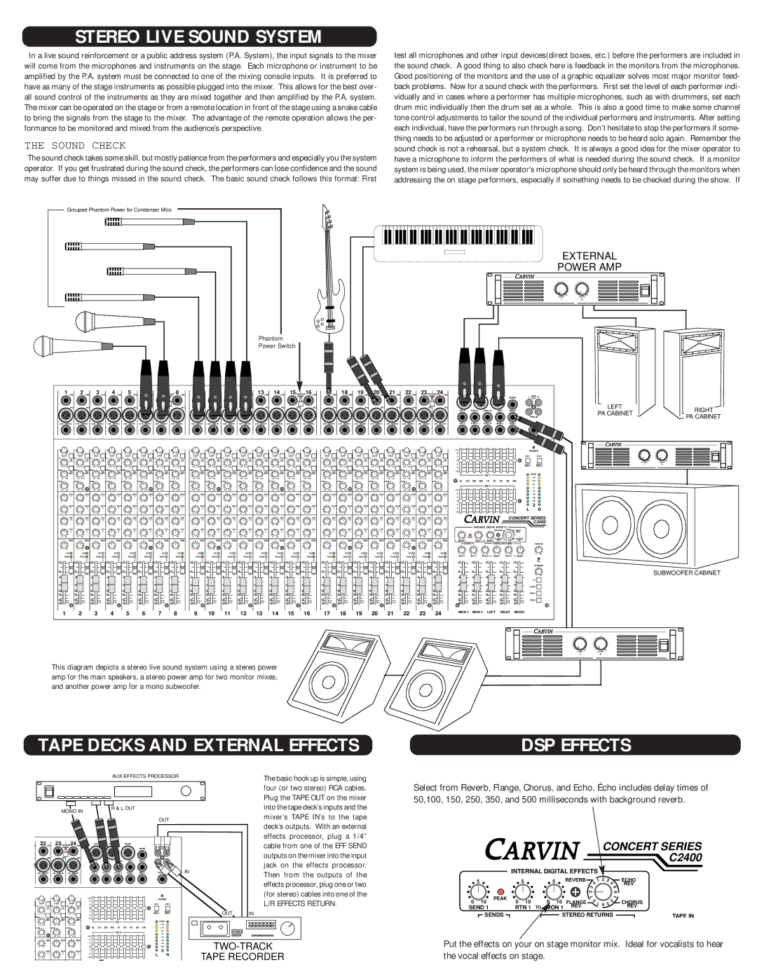 Carvin C1600 manual Stereo Live Sound System, Tape Decks and External Effects DSP Effects, Sound Check 