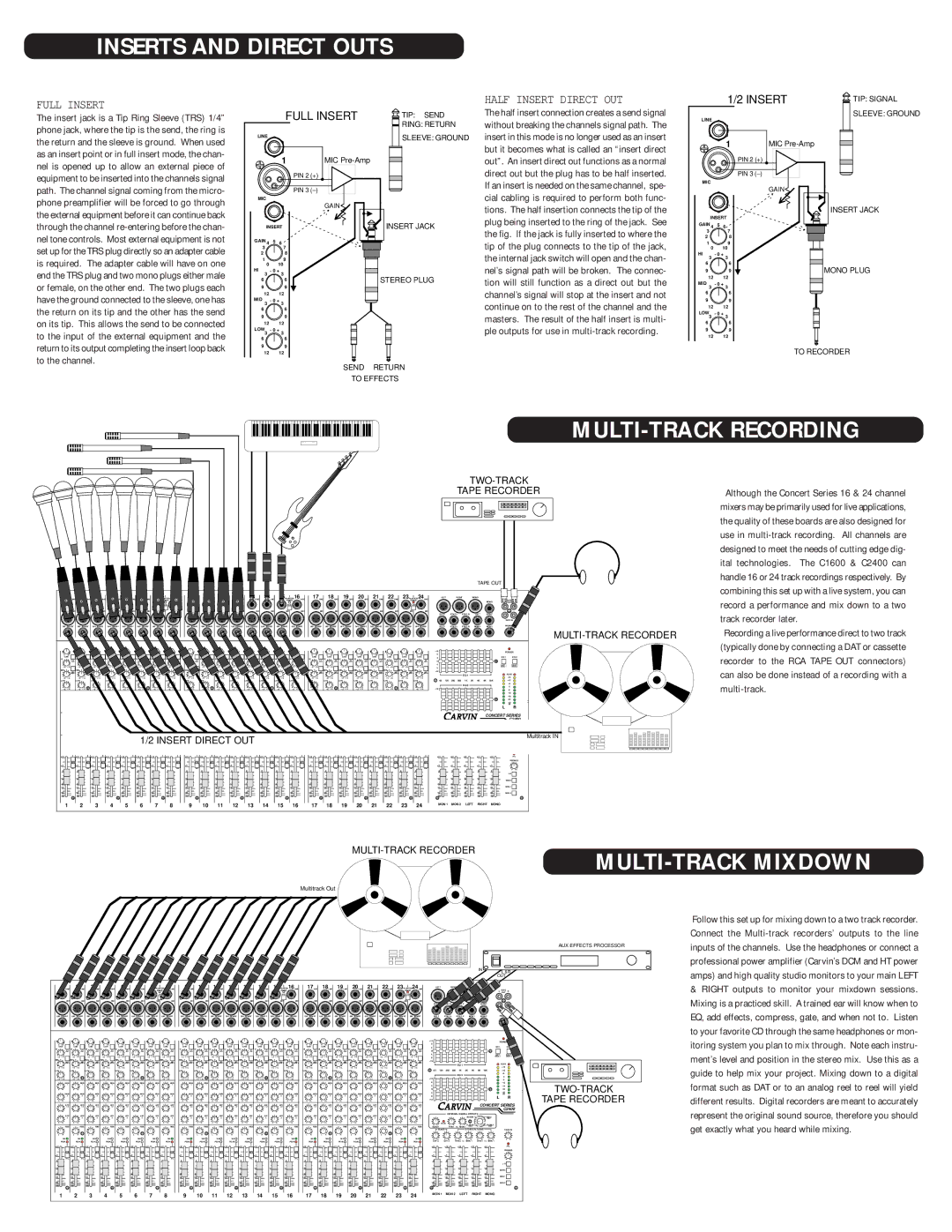 Carvin C1600 Inserts and Direct Outs, MULTI-TRACK Recording, MULTI-TRACK Mixdown, Full Insert, Half Insert Direct OUT 