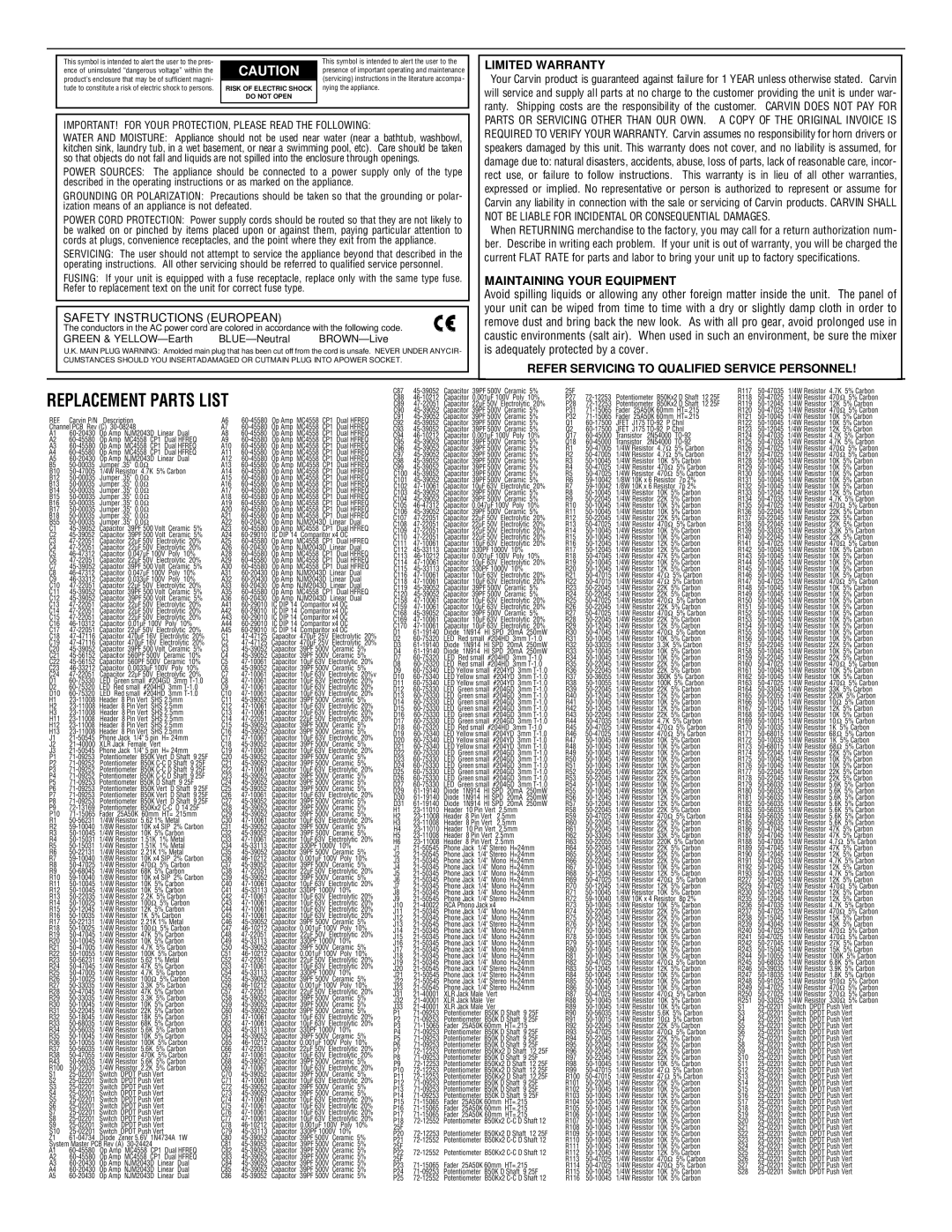 Carvin C2440 manual Replacement Parts List 