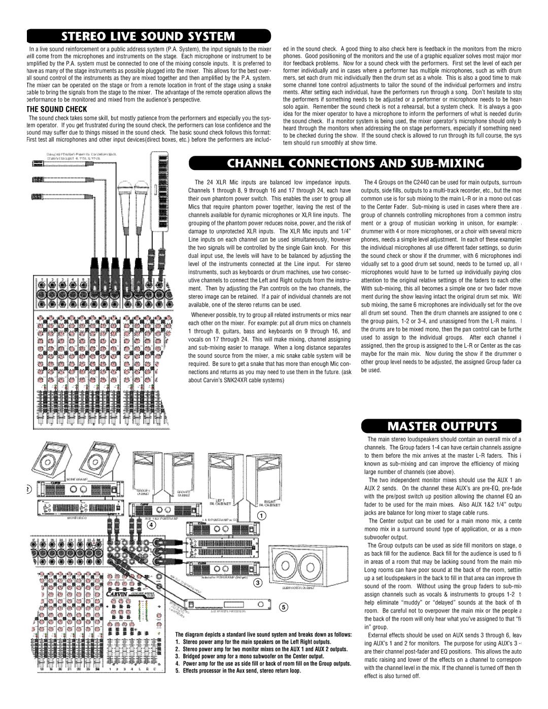 Carvin C2440 manual Stereo Live Sound System, Channel Connections and SUB-MIXING, Master Outputs, Sound Check 