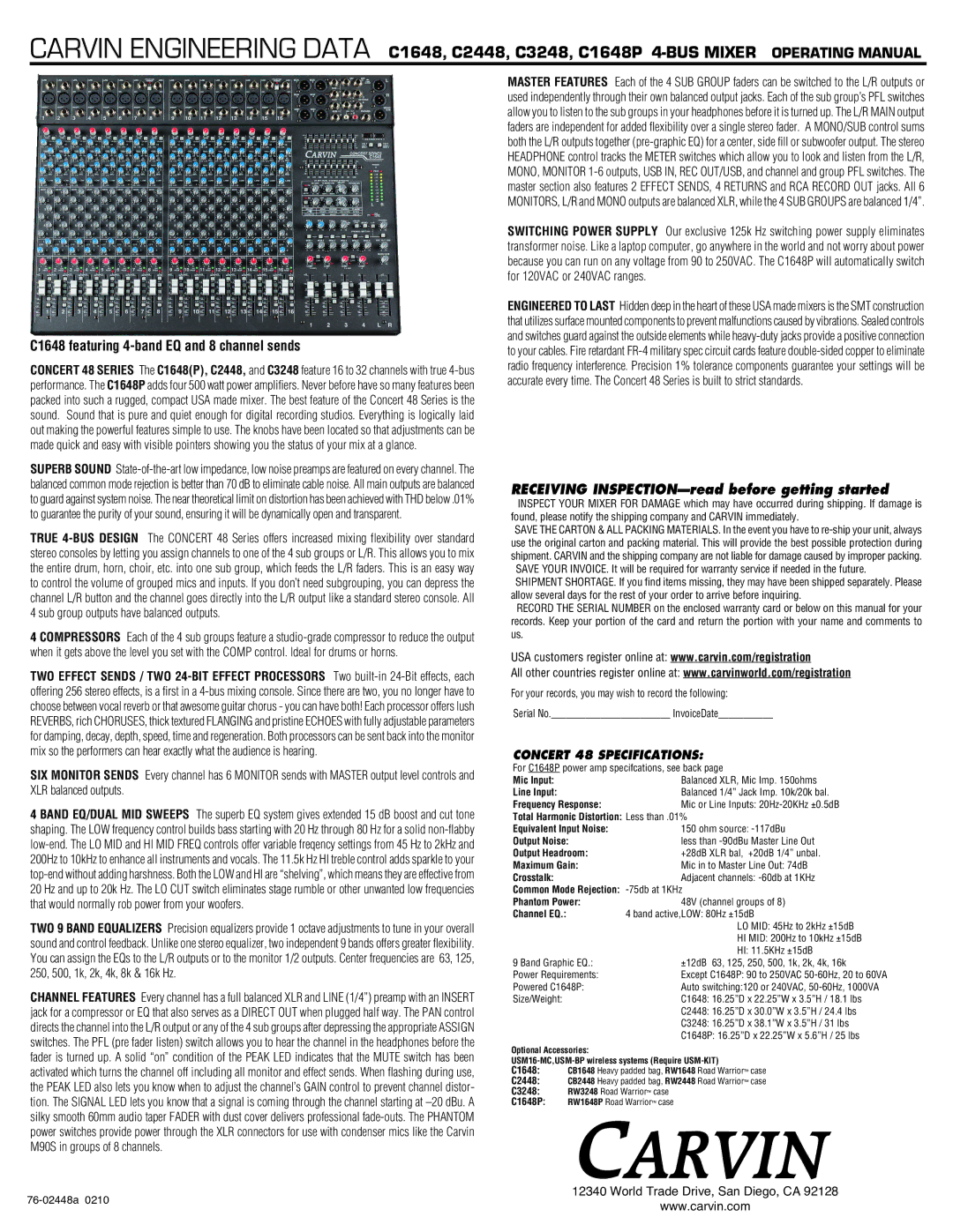 Carvin C2448 manual C1648 featuring 4-band EQ and 8 channel sends, Concert 48 Specifications 