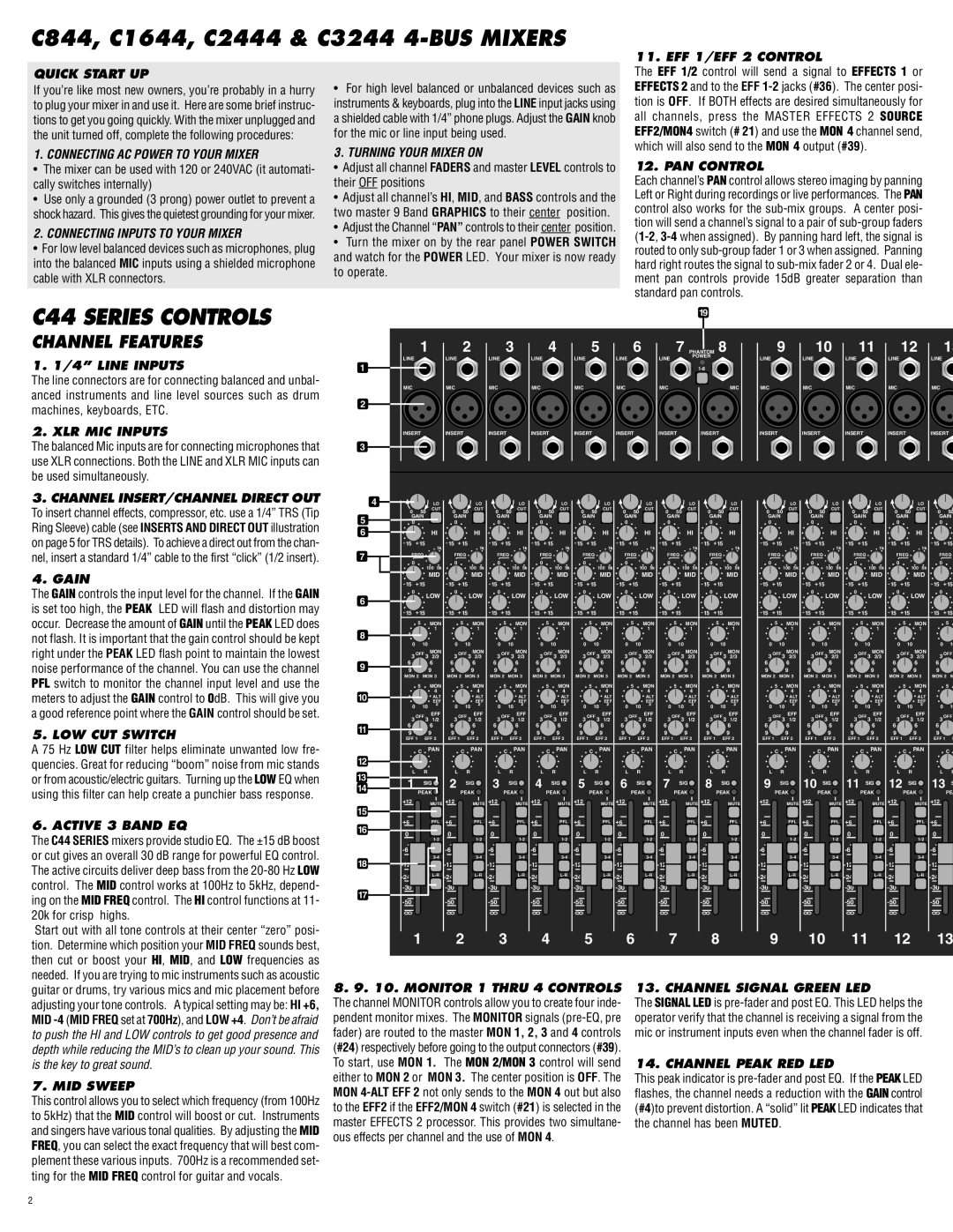 Carvin C844 EFF 1/EFF 2 Control Quick Start UP, Connecting AC Power to Your Mixer, Connecting Inputs to Your Mixer, Gain 