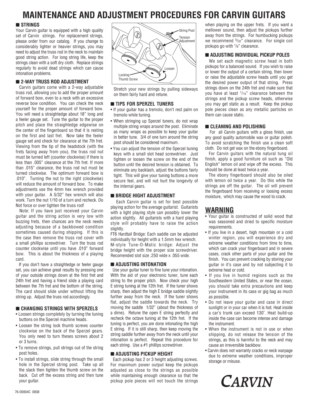 Carvin CC275 manual Strings, WAY Truss ROD Adjustment, Tips For Sperzel Tuners, Bridge Hight Adjustment 