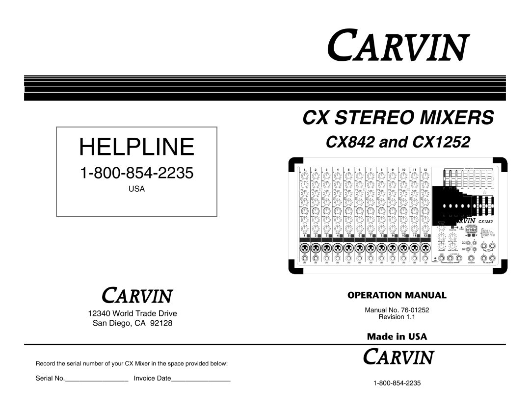 Carvin CX1252 manual Helpline 