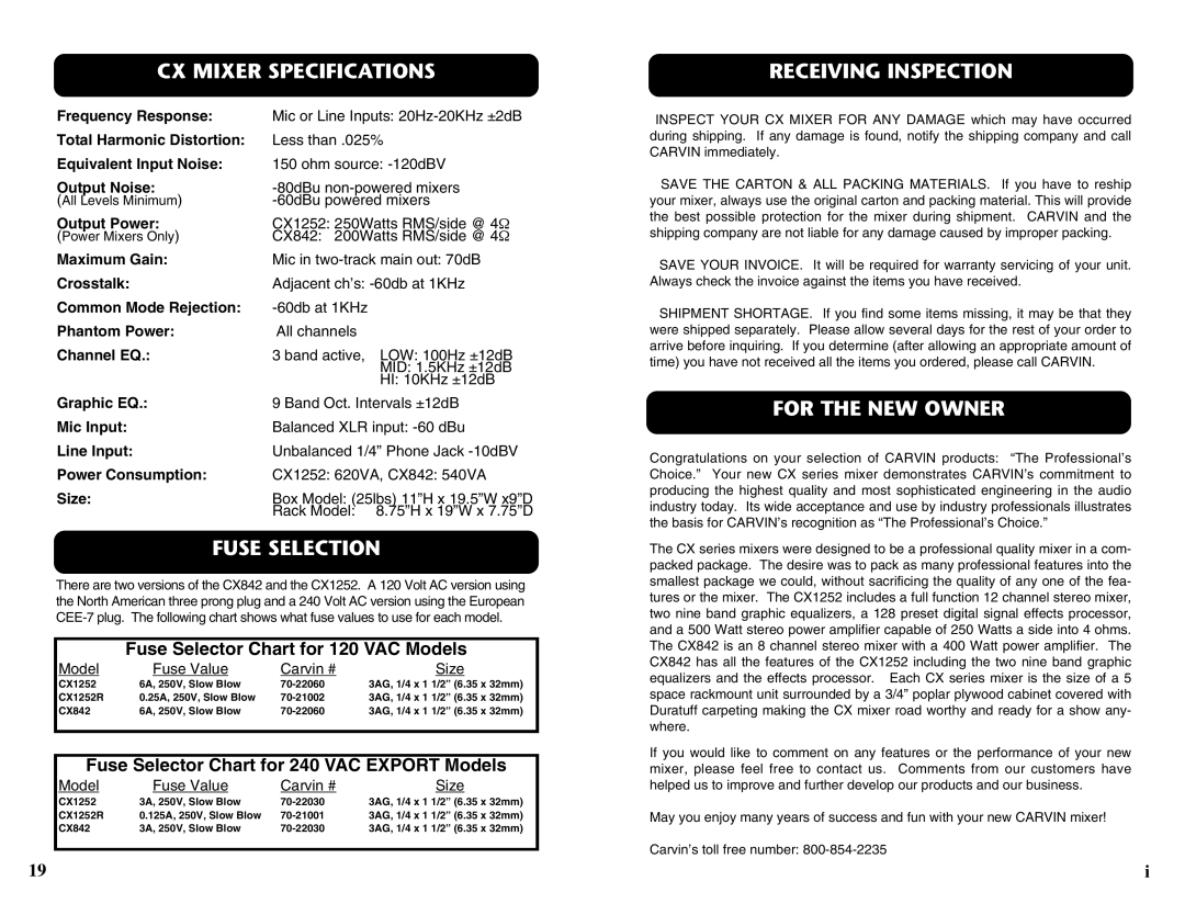 Carvin CX1252 manual CX Mixer Specifications, Fuse Selection, Receiving Inspection, For the NEW Owner 