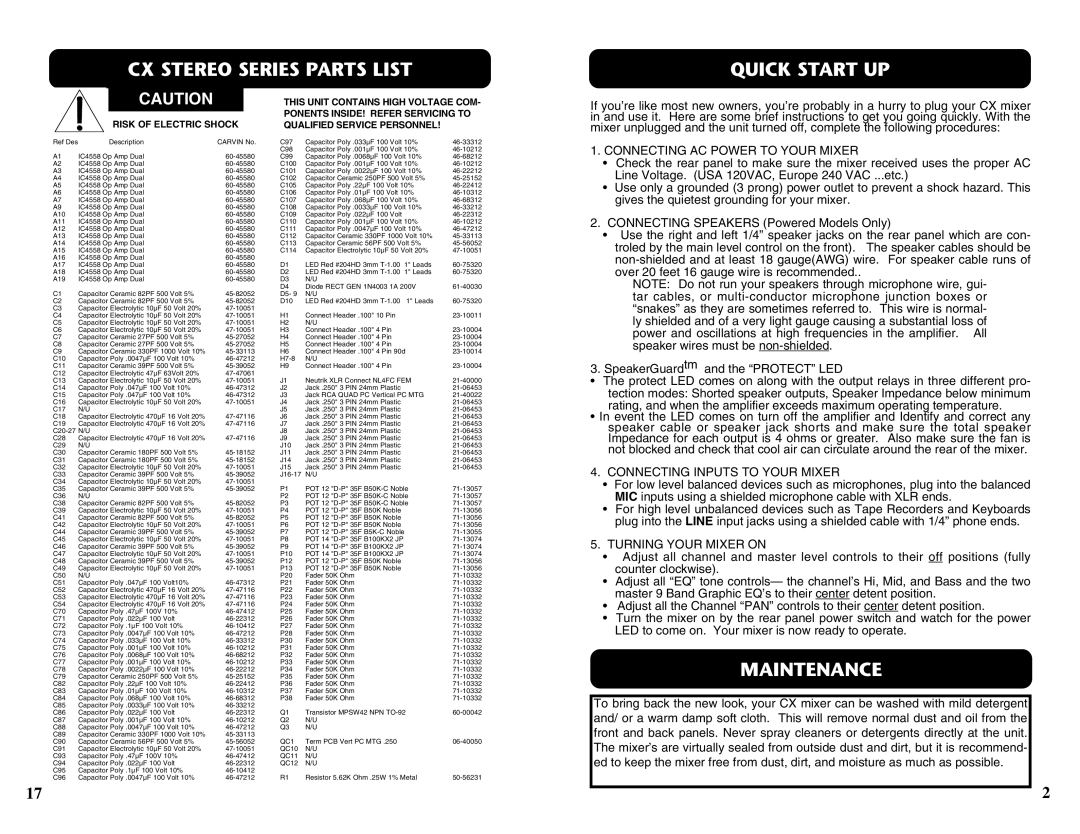 Carvin CX1252 manual CX Stereo Series Parts List, Quick Start UP, Maintenance 