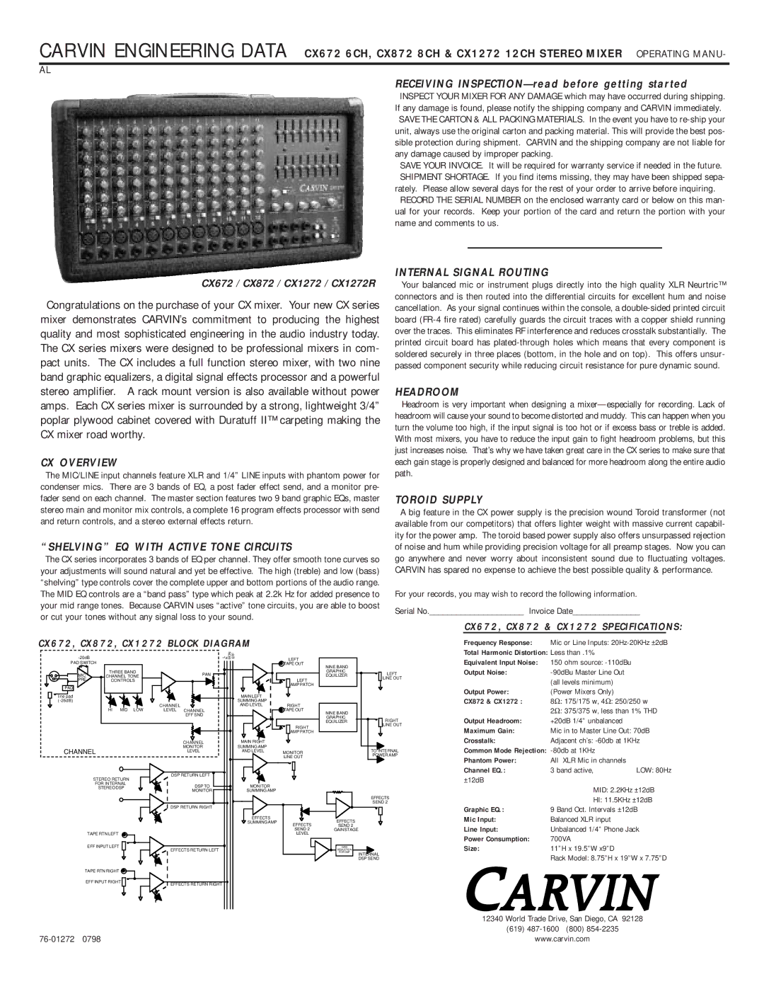 Carvin CX1272 manual CX Overview, Shelving EQ with Active Tone Circuits, Internal Signal Routing, Headroom, Toroid Supply 