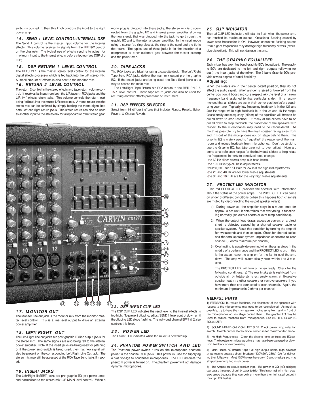 Carvin CX1272 Clip Indicator, Graphic Equalizer DSP Return 1 Level Control, Return 2 Level Control, Tape Jacks, Power LED 