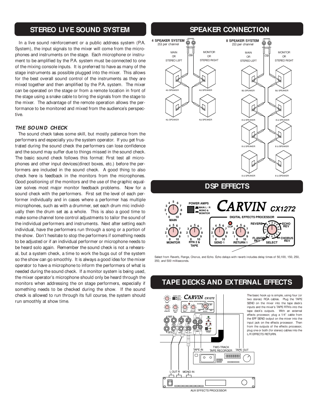 Carvin CX1272 manual Stereo Live Sound System, Speaker Connection, DSP Effects, Tape Decks and External Effects 