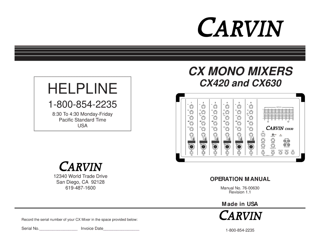 Carvin CX420 manual Helpline 