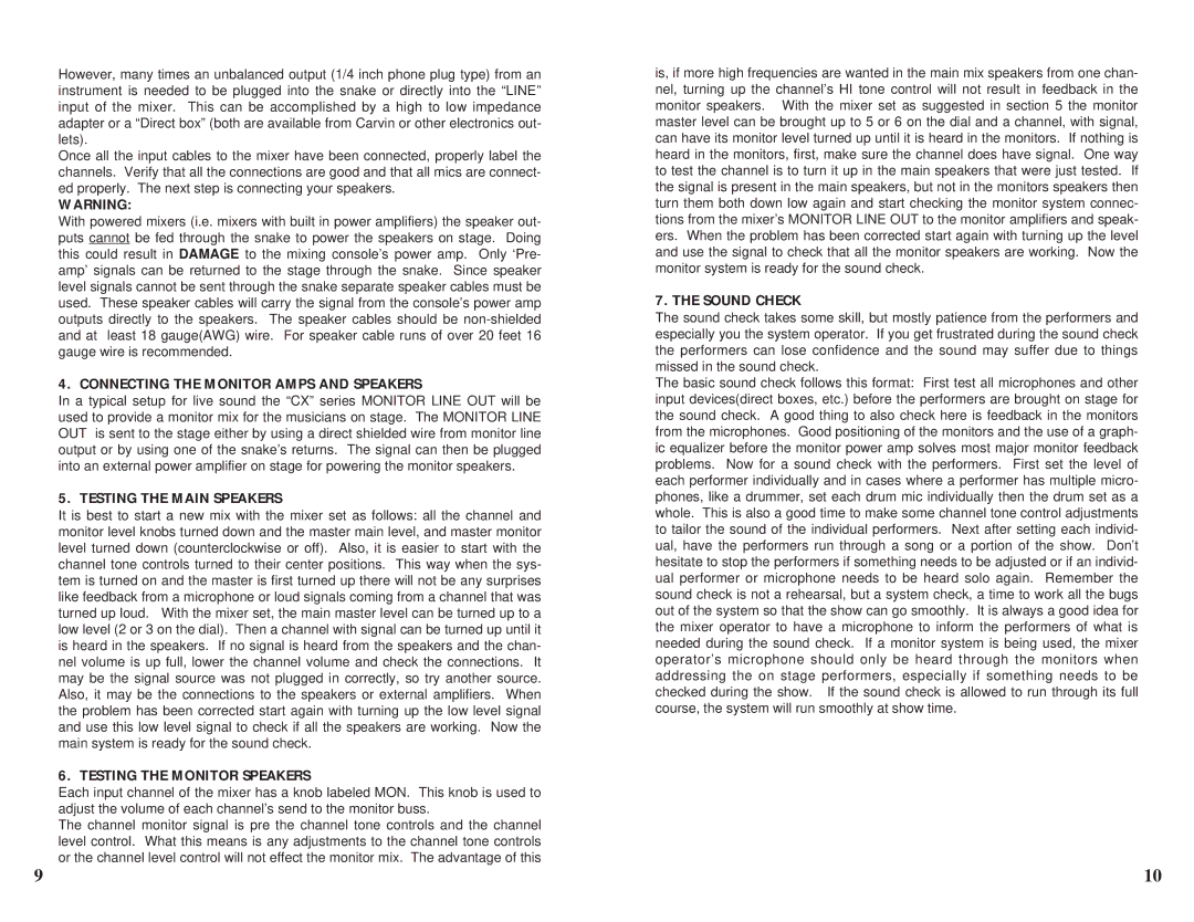 Carvin CX420 manual Connecting the Monitor Amps and Speakers, Testing the Main Speakers, Testing the Monitor Speakers 