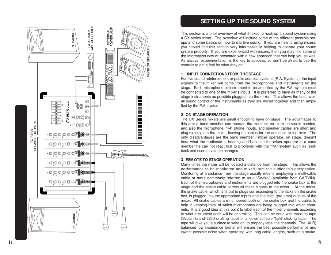 Carvin CX420 Setting UP the Sound System, Input Connections from the Stage, On Stage Operation, Remote to Stage Operation 