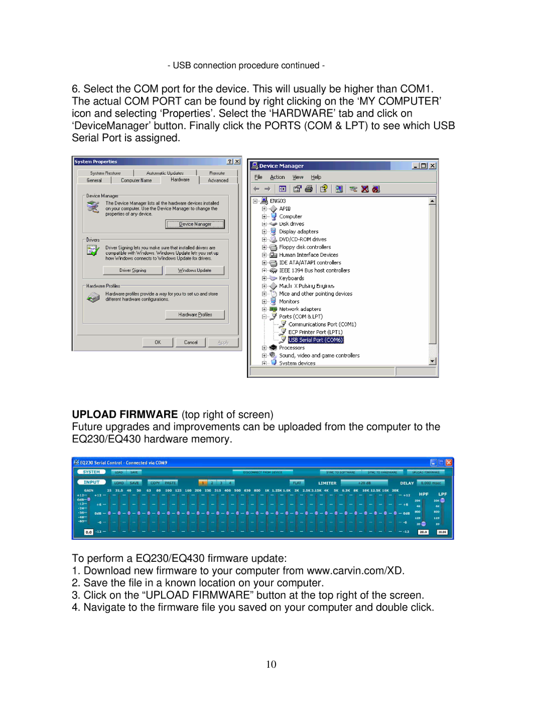 Carvin EQ430 manual USB connection procedure 