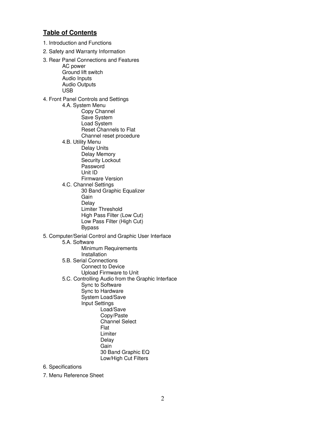 Carvin EQ430 manual Table of Contents 