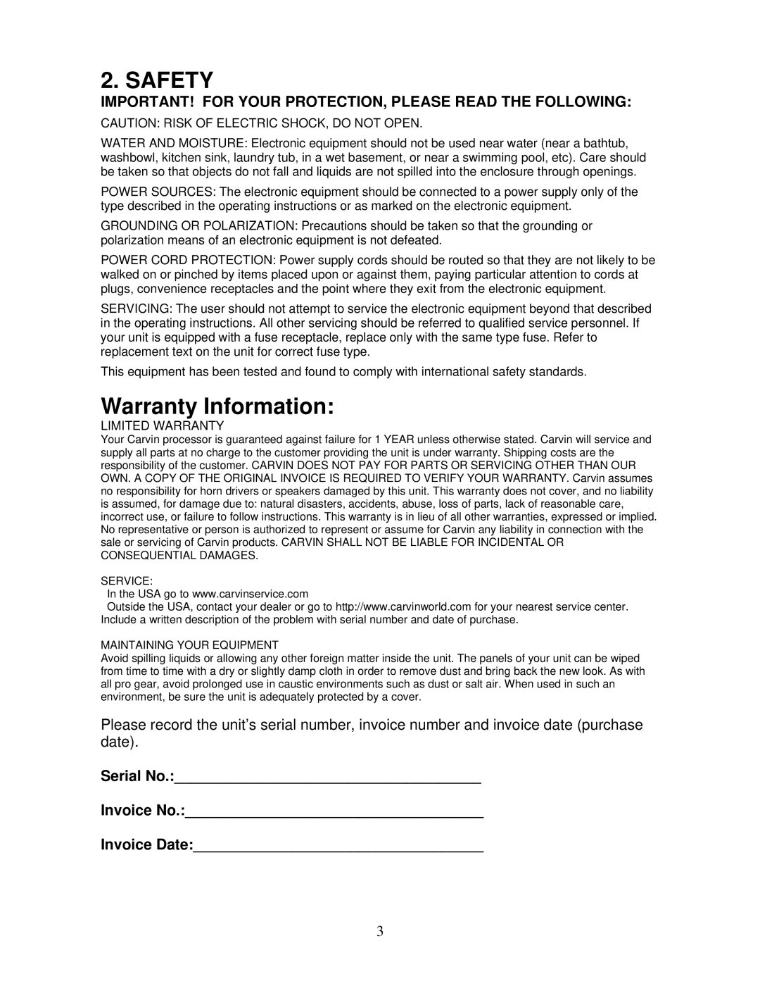 Carvin EQ430 manual IMPORTANT! for Your PROTECTION, Please Read the Following, Serial No Invoice No Invoice Date 