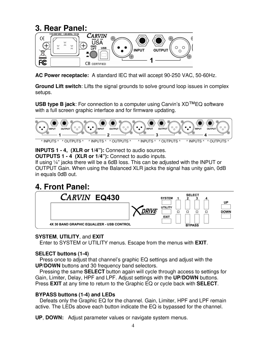 Carvin EQ430 manual SYSTEM, UTILITY, and Exit, Select buttons, Bypass buttons 1-4 and LEDs 