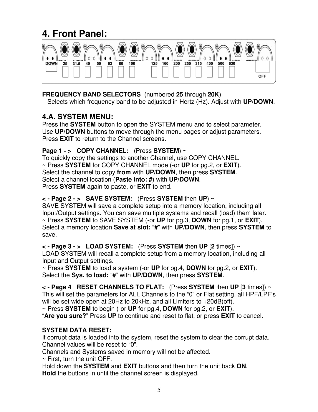 Carvin EQ430 manual System Menu, System Data Reset 