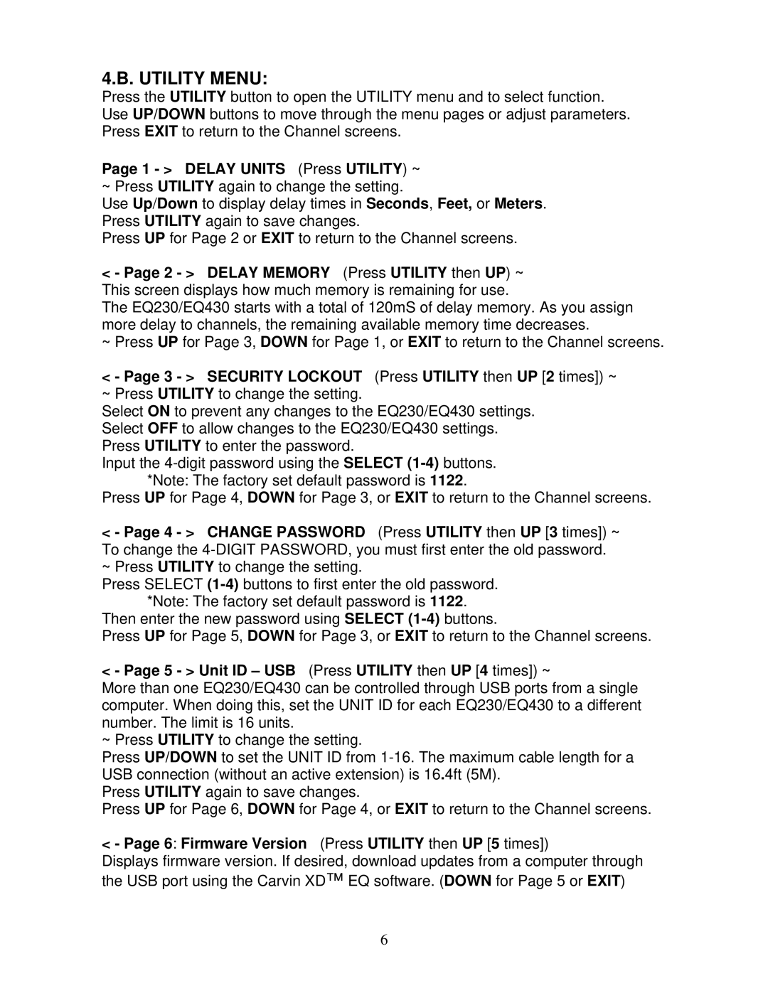 Carvin EQ430 manual Utility Menu, Delay Units Press Utility ~, Security Lockout Press Utility then UP 2 times ~ 