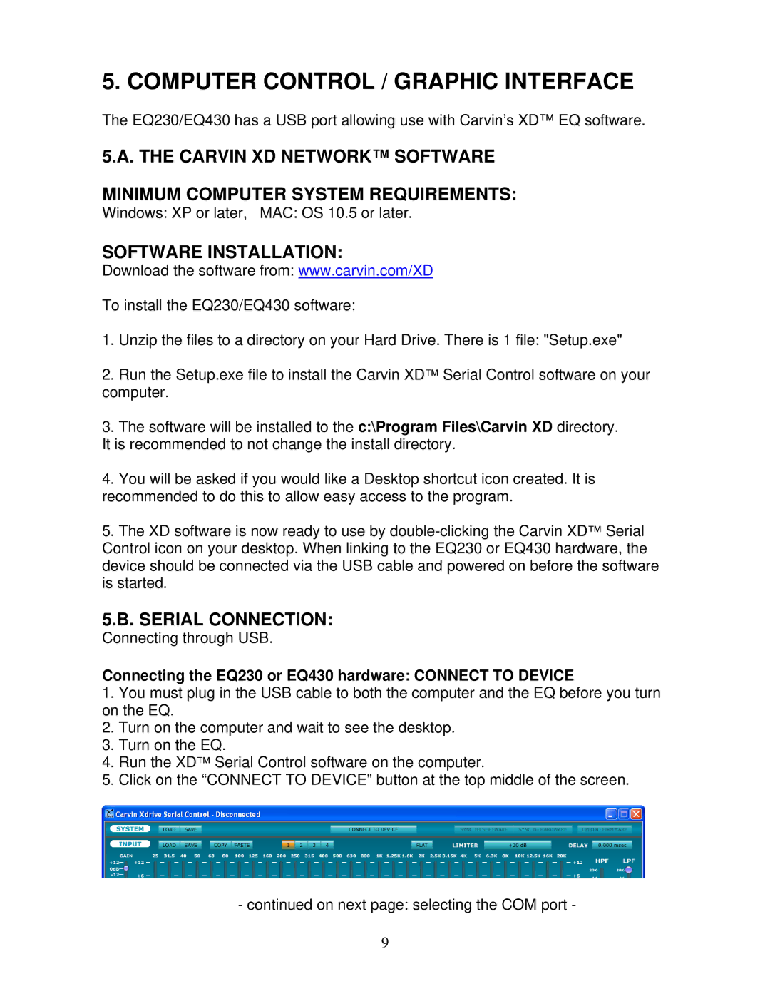 Carvin manual Software Installation, Serial Connection, Connecting the EQ230 or EQ430 hardware Connect to Device 