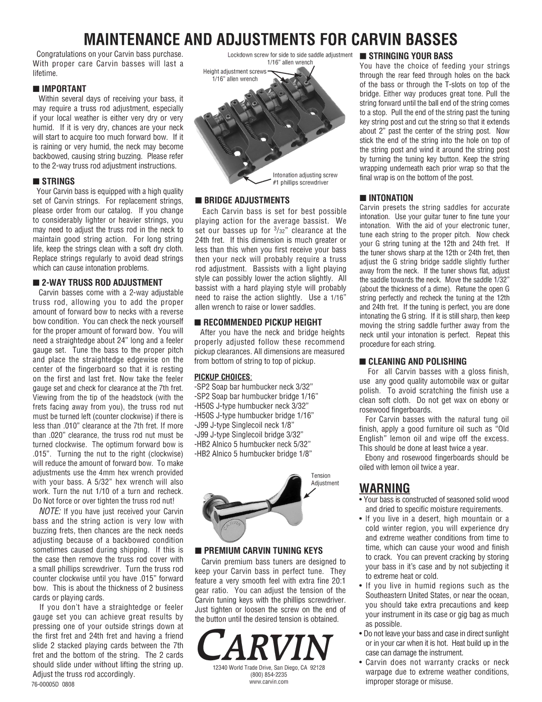 Carvin IC6W manual Strings, WAY Truss ROD Adjustment, Bridge Adjustments, Recommended Pickup Height, Stringing Your Bass 
