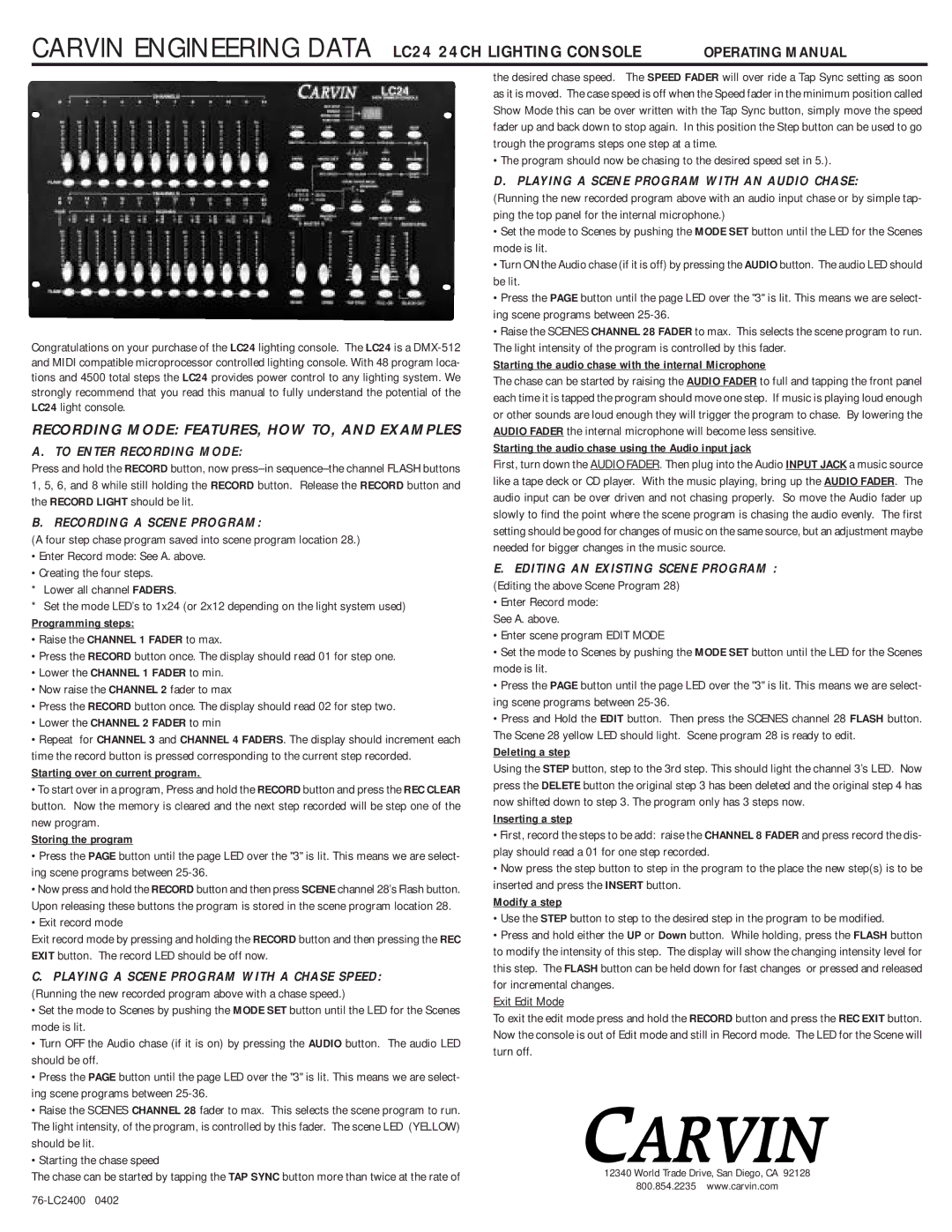 Carvin LC24 manual Recording Mode FEATURES, HOW TO, and Examples, To Enter Recording Mode, Recording a Scene Program 