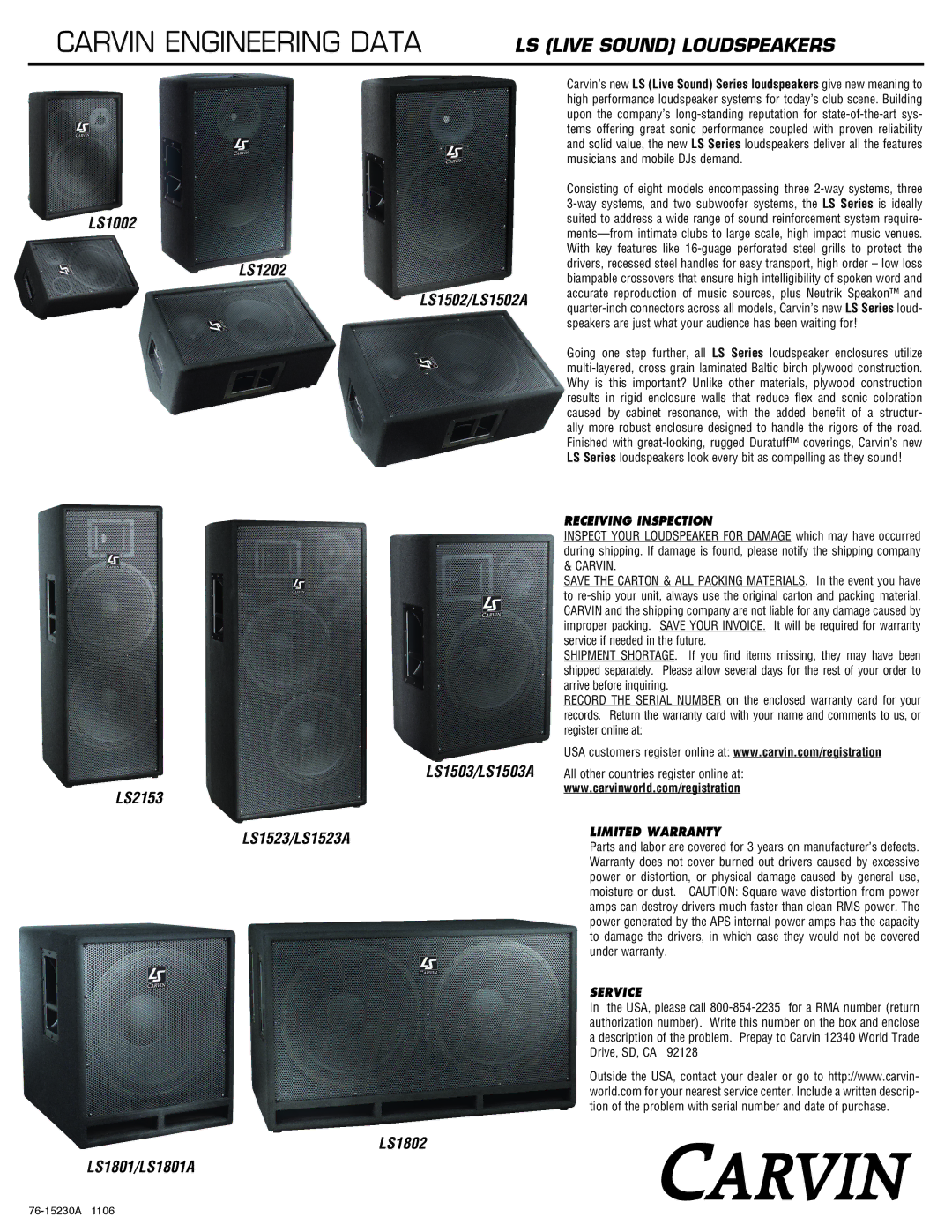 Carvin LS1502A manual Carvin Engineering Data 