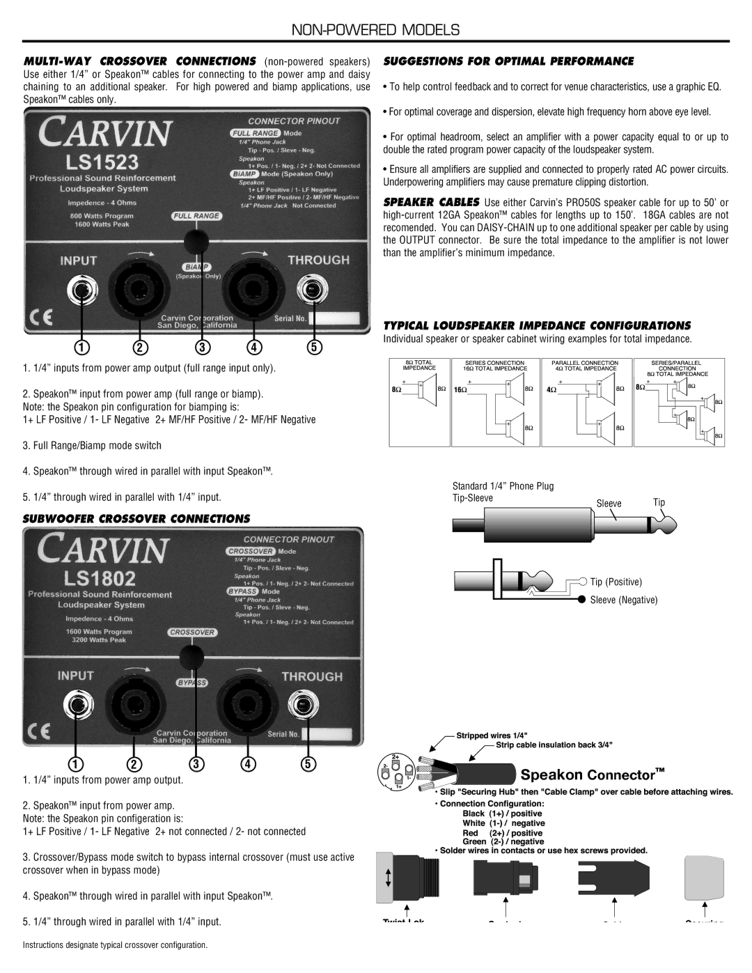 Carvin LS1502A manual NON-POWERED Models, Typical Loudspeaker Impedance Configurations 