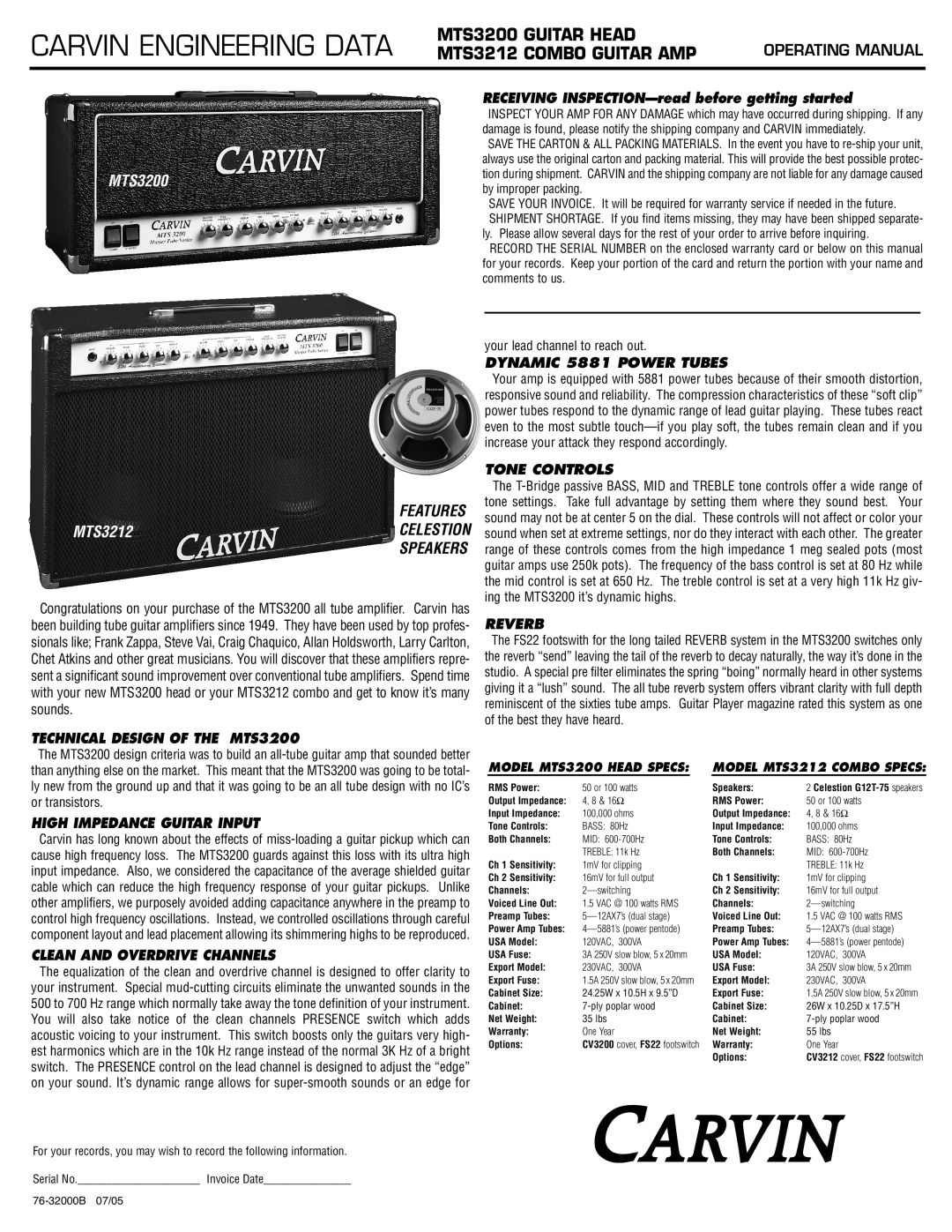 Carvin MTS3212 manual Technical Design of the MTS3200, High Impedance Guitar Input, Clean and Overdrive Channels, Reverb 