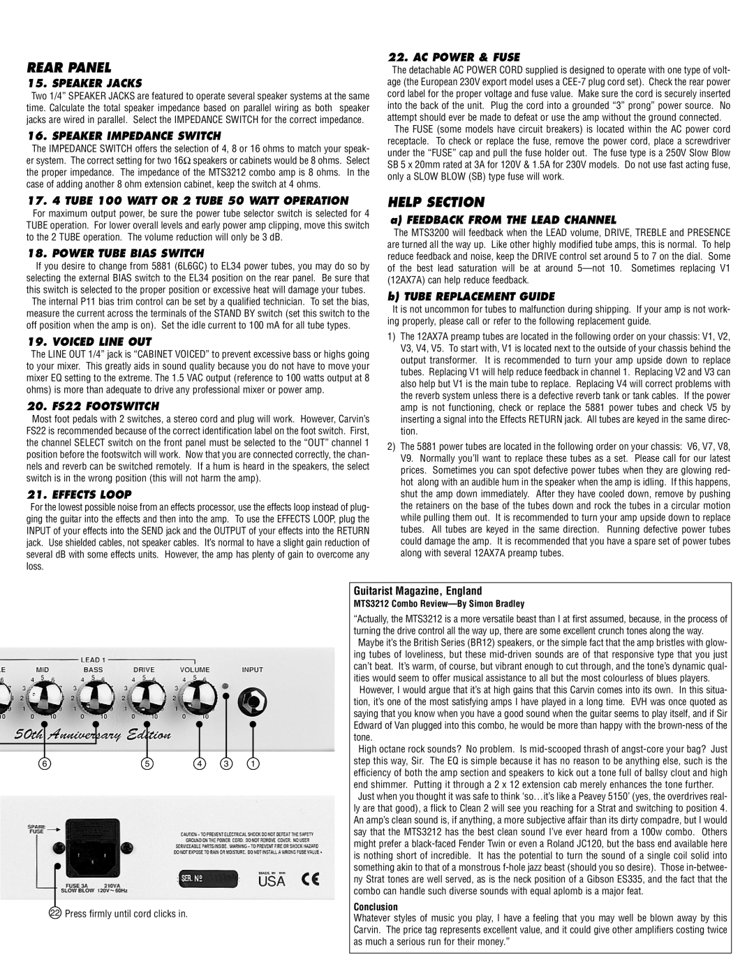 Carvin MTS3212 manual Rear Panel, Help Section 