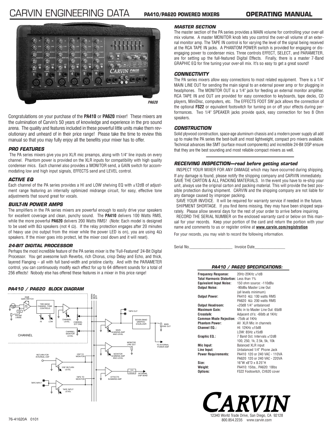 Carvin PA620 manual PRO Features, Active EQ, BUILT-IN Power Amps, Connectivity, Construction 