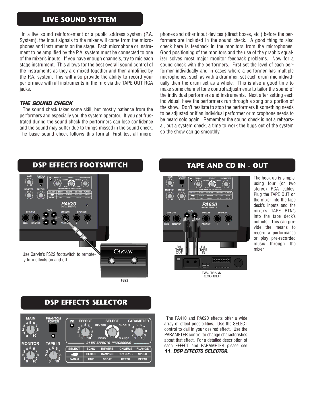 Carvin PA620 manual Live Sound System, DSP Effects Selector 