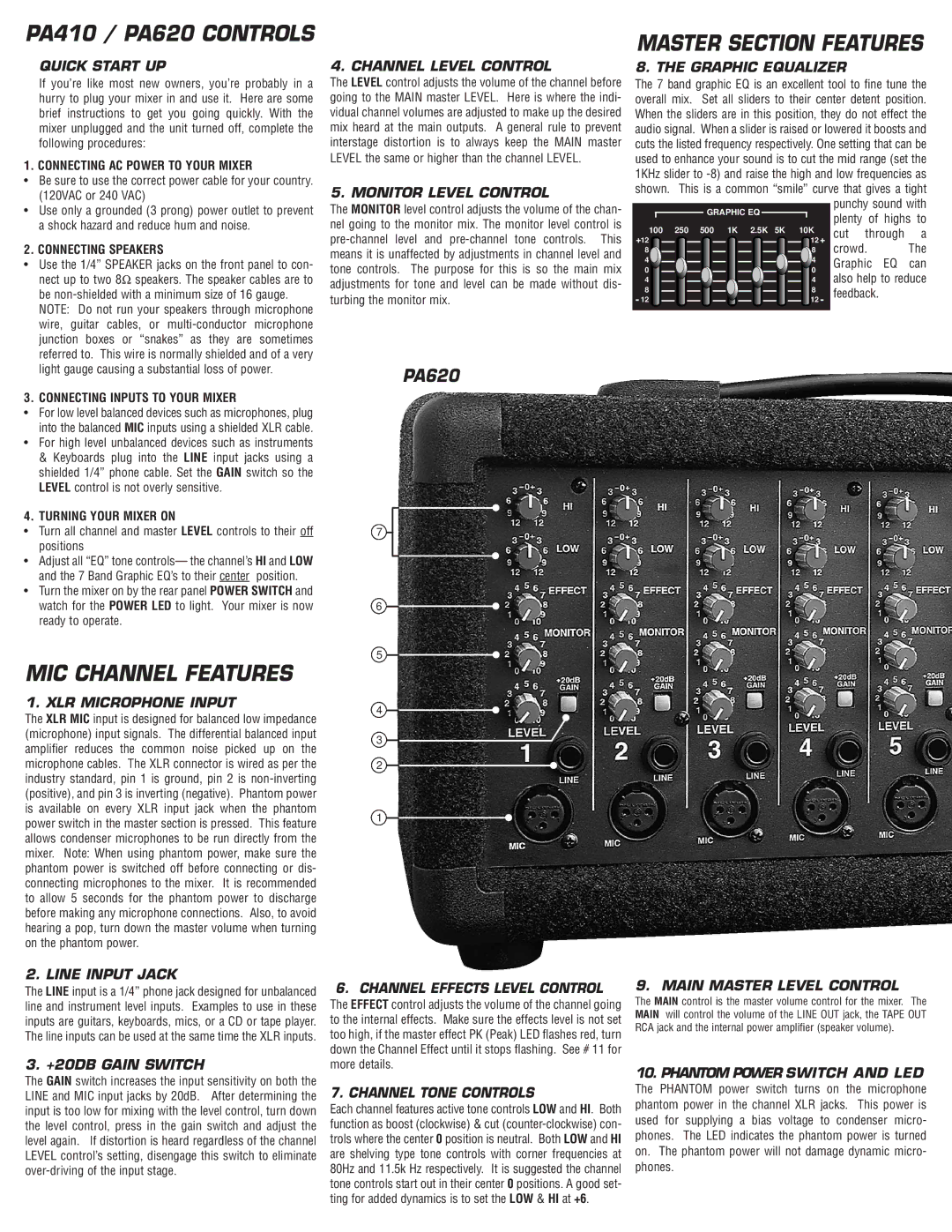 Carvin PA620 manual Quick Start UP, Channel Level Control, Monitor Level Control, Graphic Equalizer, XLR Microphone Input 